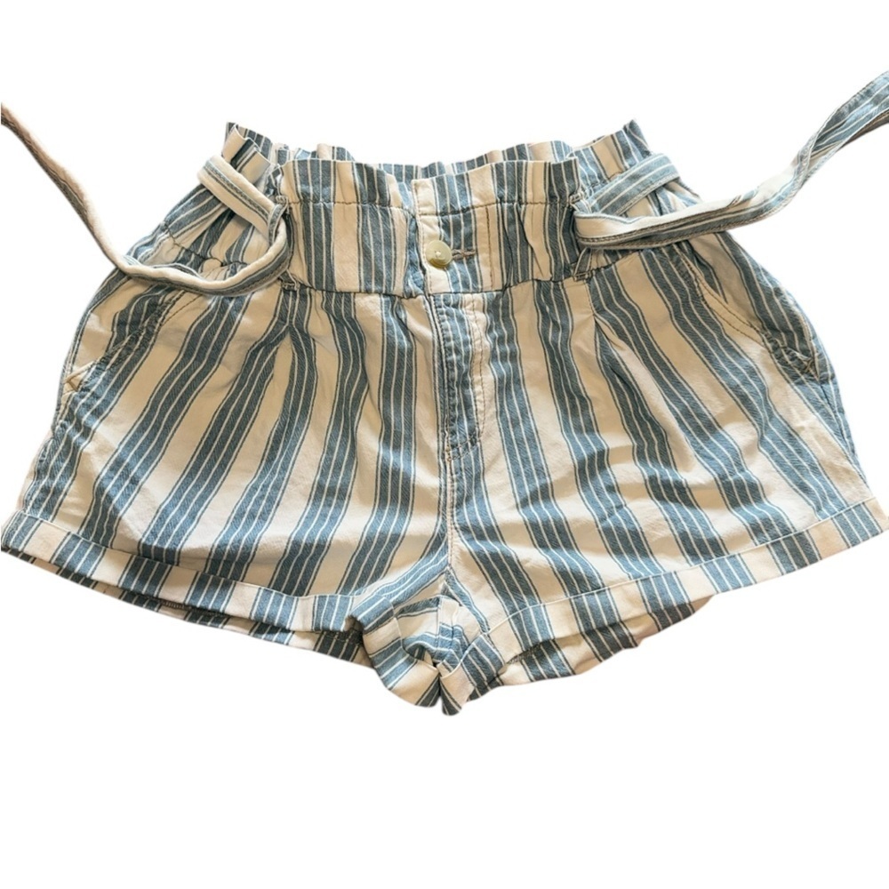 Blue White Striped Paperbag Waist Cotton Shorts with Belt Size Small - Picture 2 of 5